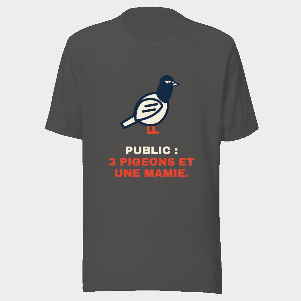 T-shirt anthracite « Public : 3 pigeons et une mamie. »