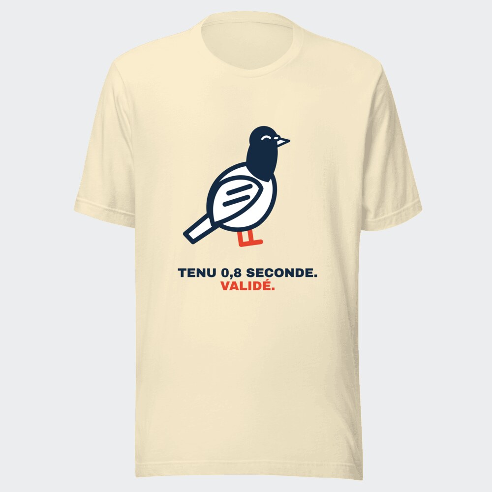 T-shirt écru « Tenu 0,8 seconde. Validé. »